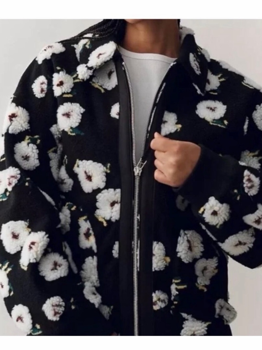 Anthropologie Black Floral Sherpa Bomber Jacket